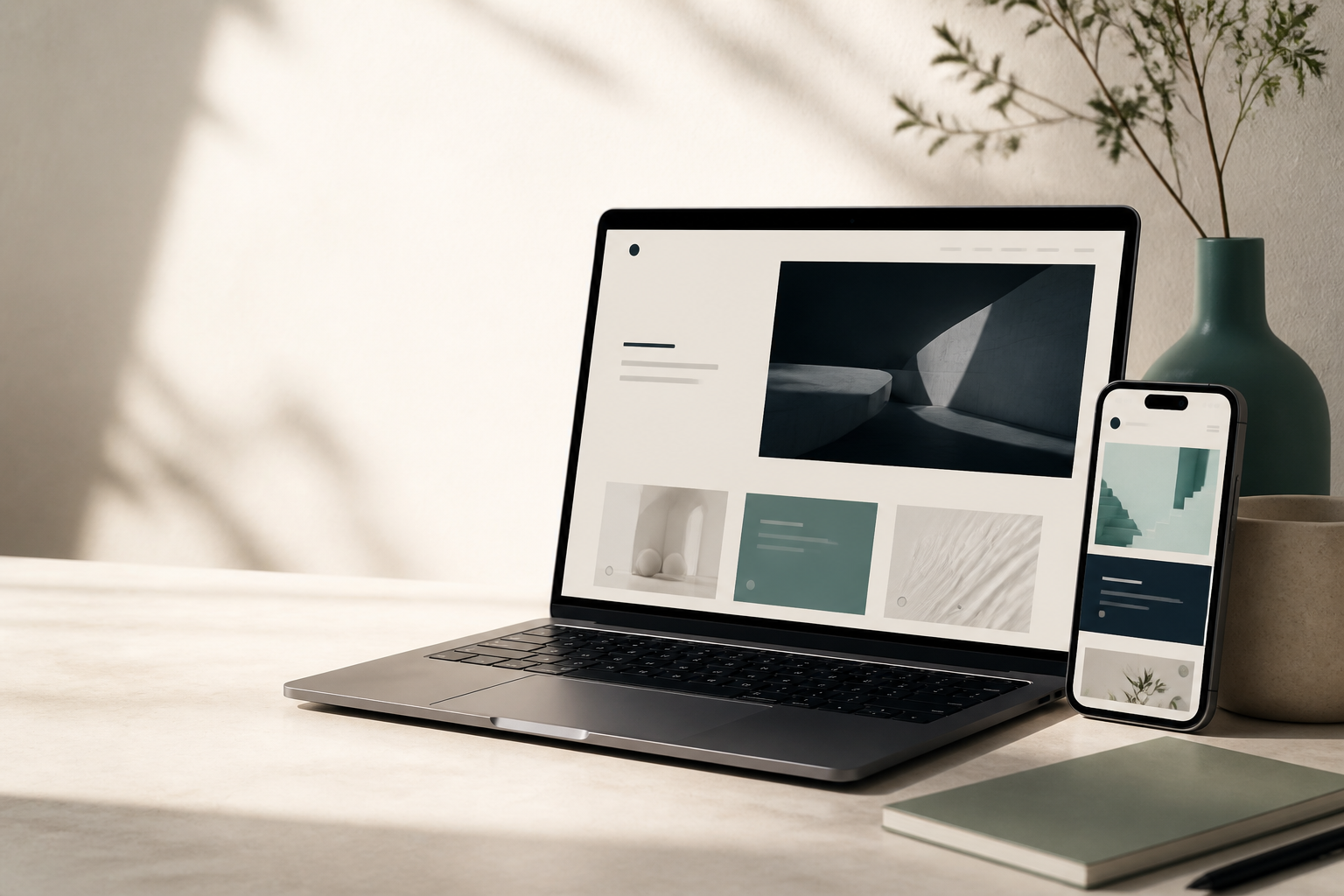 Ordinateur et smartphone affichant des interfaces web responsives
